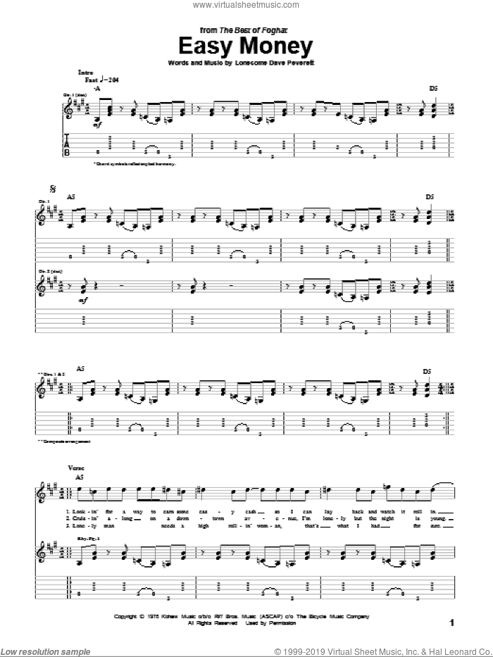 Easy Money sheet music for guitar (tablature) by Foghat and Lonesome Dave Peverett, intermediate skill level