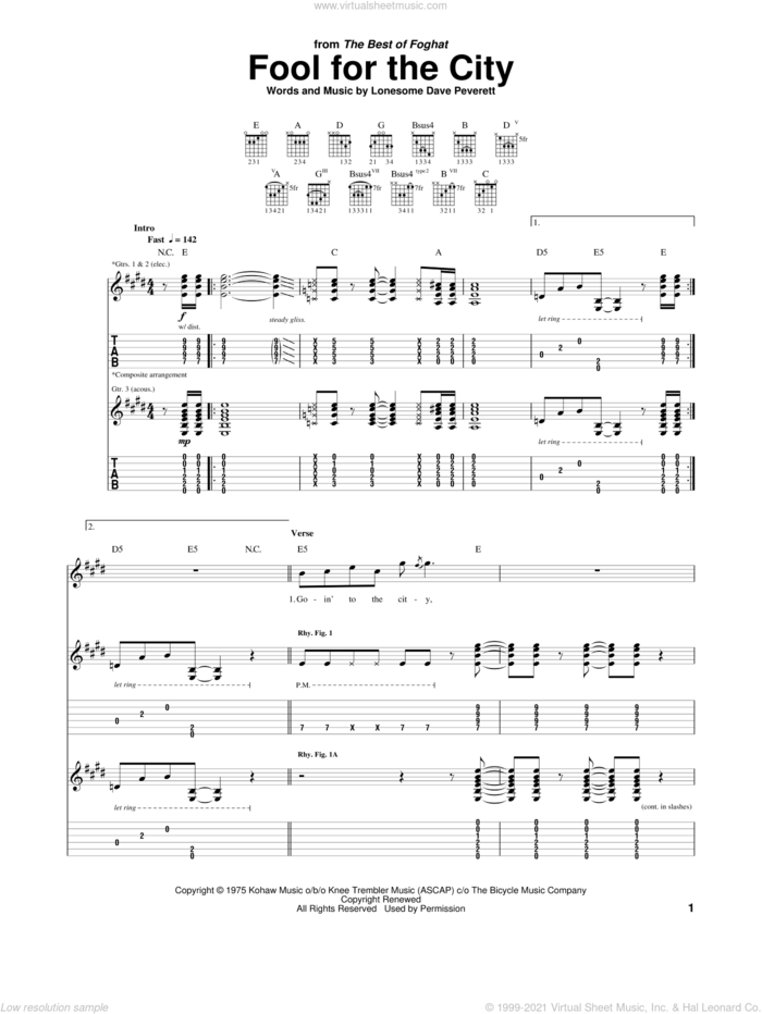 Fool For The City sheet music for guitar (tablature) by Foghat and Lonesome Dave Peverett, intermediate skill level