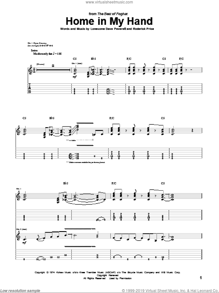 Home In My Hand sheet music for guitar (tablature) by Foghat, Lonesome Dave Peverett and Roderick Price, intermediate skill level