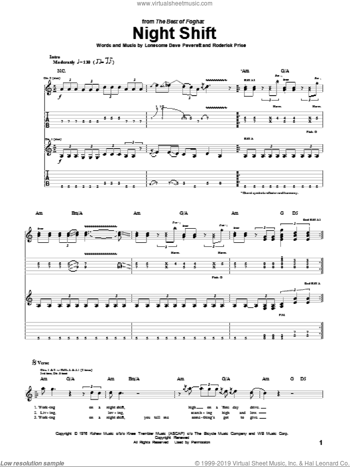 Night Shift sheet music for guitar (tablature) by Foghat, Lonesome Dave Peverett and Roderick Price, intermediate skill level