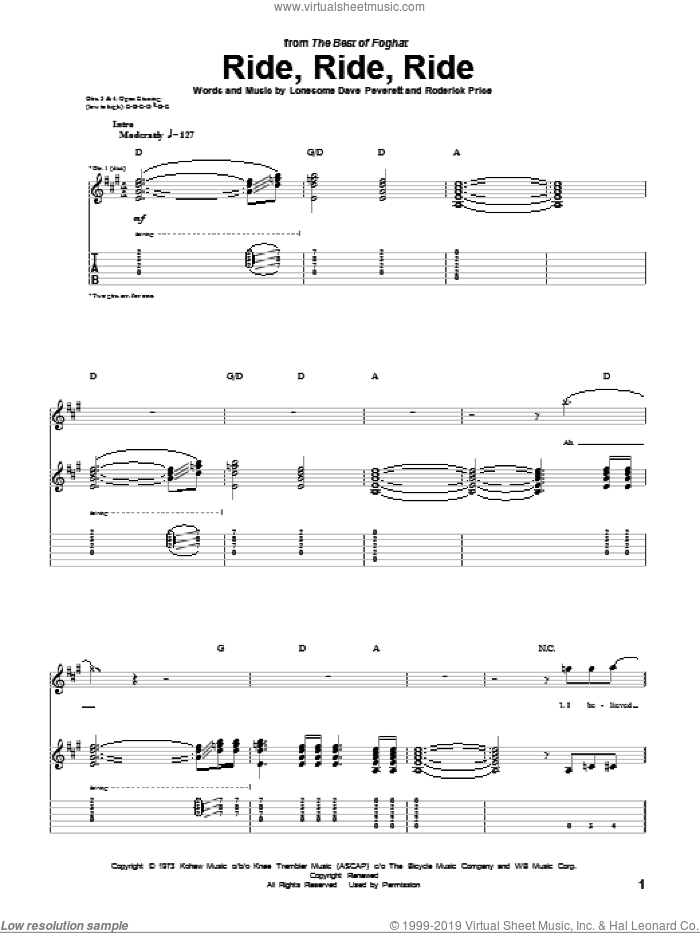 Ride, Ride, Ride sheet music for guitar (tablature) by Foghat, Lonesome Dave Peverett and Roderick Price, intermediate skill level