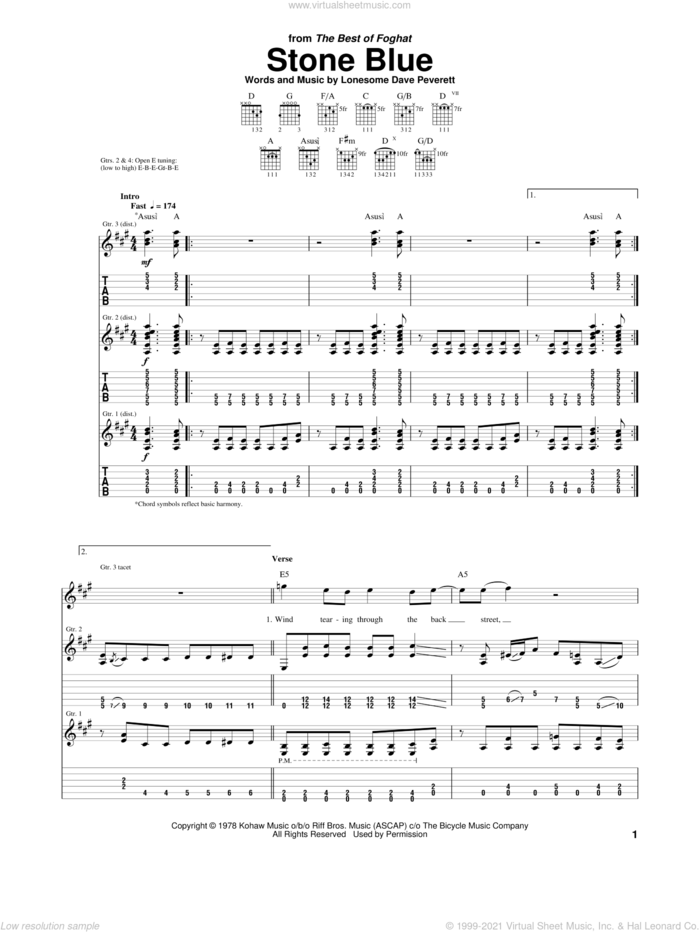 Stone Blue sheet music for guitar (tablature) by Foghat and Lonesome Dave Peverett, intermediate skill level