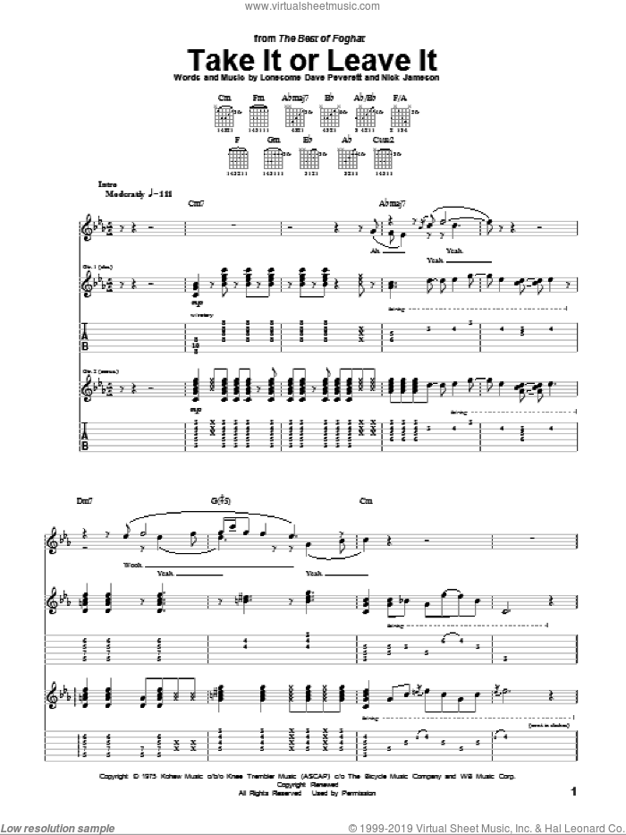 Take It Or Leave It sheet music for guitar (tablature) by Foghat, Lonesome Dave Peverett and Nick Jameson, intermediate skill level