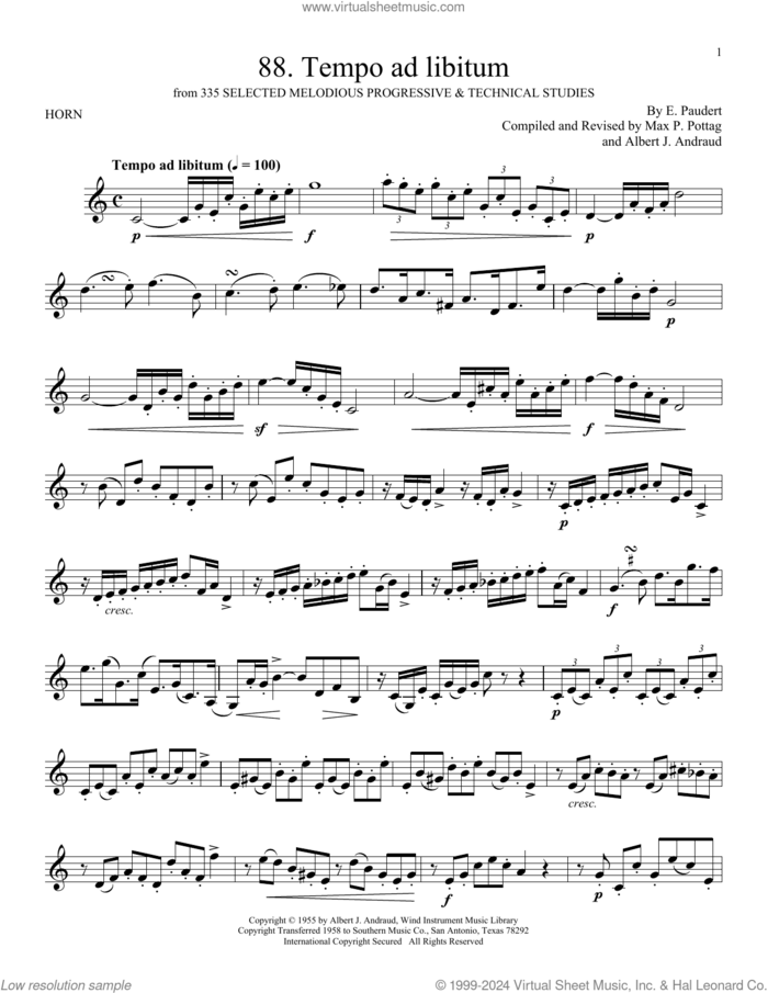 Etude No. 88 sheet music for horn solo by E. Paudert, Albert Andraud and Max P. Pottag, classical score, intermediate skill level