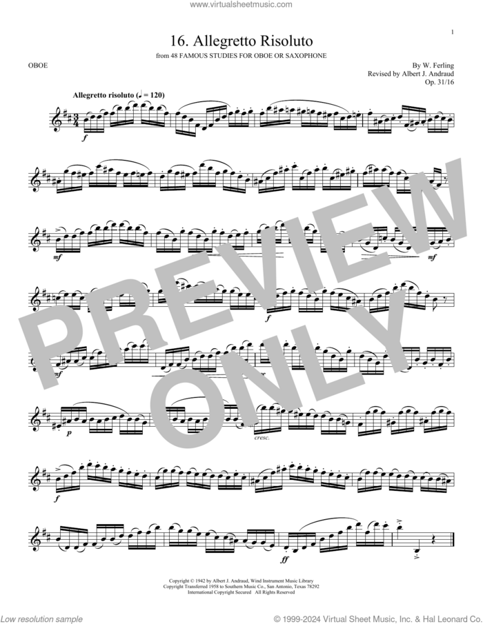 Etude No. 16 sheet music for oboe solo by W. Ferling and Albert Andraud, classical score, intermediate skill level