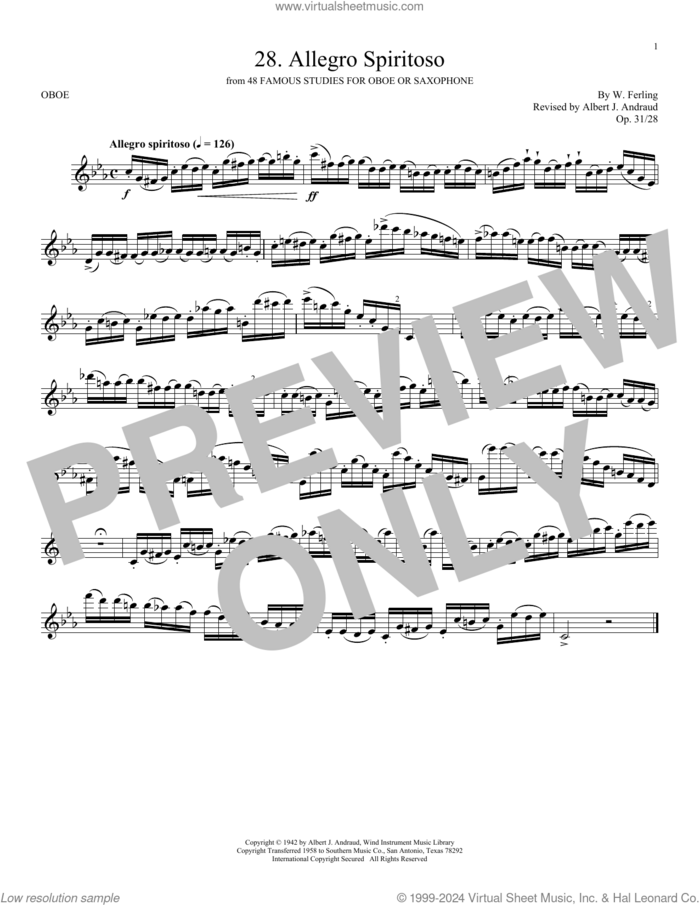 Etude No. 28 sheet music for oboe solo by W. Ferling and Albert Andraud, classical score, intermediate skill level