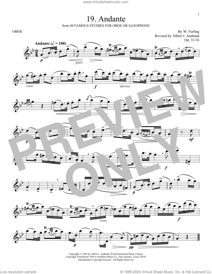 Etude No. 19 sheet music for oboe solo by W. Ferling and Albert Andraud, classical score, intermediate skill level