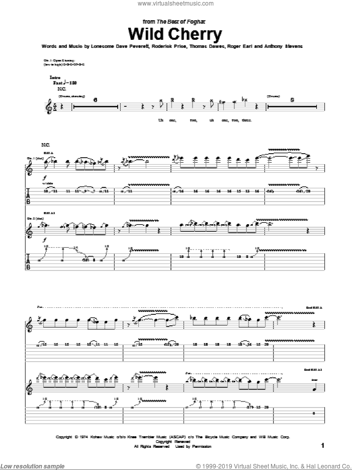 Wild Cherry sheet music for guitar (tablature) by Foghat, Anthony Stevens, Lonesome Dave Peverett, Roderick Price, Roger Earl and Thomas Dawes, intermediate skill level
