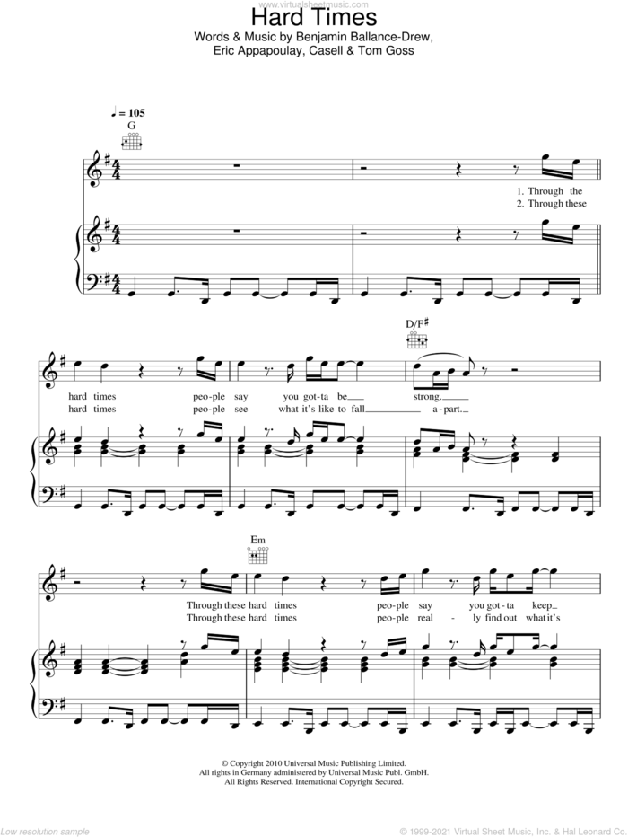 Hard Times sheet music for voice, piano or guitar by Plan B, Benjamin Ballance-Drew, Casell, Eric Appapoulay and Tom Goss, intermediate skill level