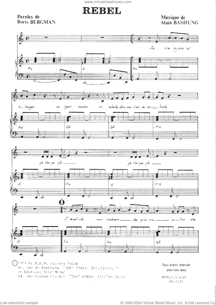 Rebel sheet music for voice and piano by Alain Bashung and Boris Bergman, intermediate skill level