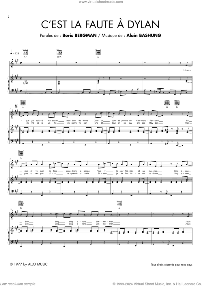 C'est La Faute A Dylan sheet music for voice and piano by Alain Bashung and Boris Bergman, intermediate skill level