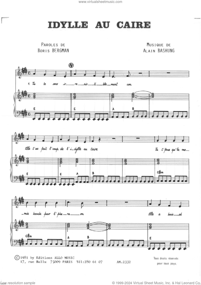 Idylle Au Caire sheet music for voice and piano by Alain Bashung and Boris Bergman, intermediate skill level