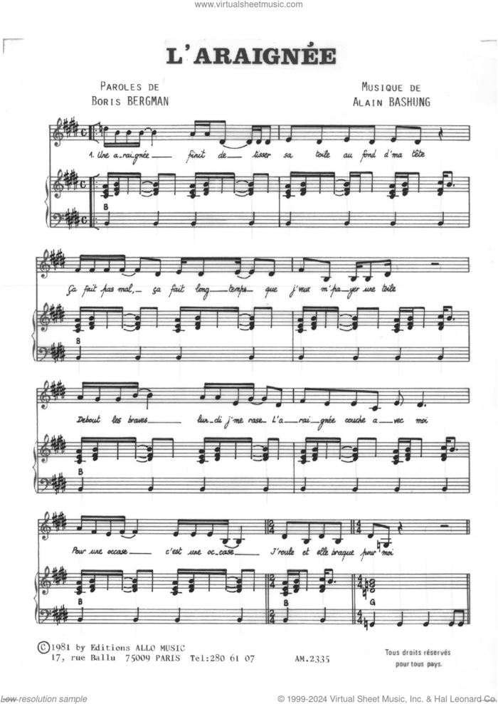 L'araignee sheet music for voice and piano by Alain Bashung and Boris Bergman, intermediate skill level