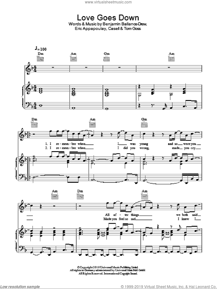 Love Goes Down sheet music for voice, piano or guitar by Plan B, Benjamin Ballance-Drew, Casell, Eric Appapoulay and Tom Goss, intermediate skill level