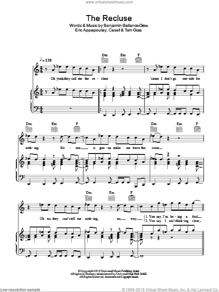 The Recluse sheet music for voice, piano or guitar by Plan B, Benjamin Ballance-Drew, Casell, Eric Appapoulay and Tom Goss, intermediate skill level