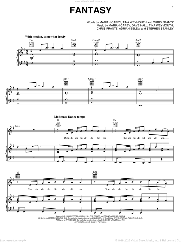 Fantasy sheet music for voice, piano or guitar by Mariah Carey, Adrian Belew, Chris Frantz, Dave Hall, Stephen Stanley and Tina Weymouth, intermediate skill level