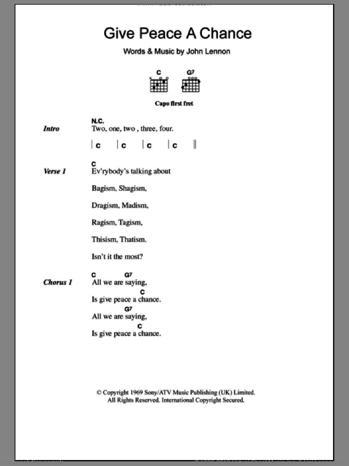 Give Peace A Chance sheet music for guitar (chords) by John Lennon and Plastic Ono Band, intermediate skill level