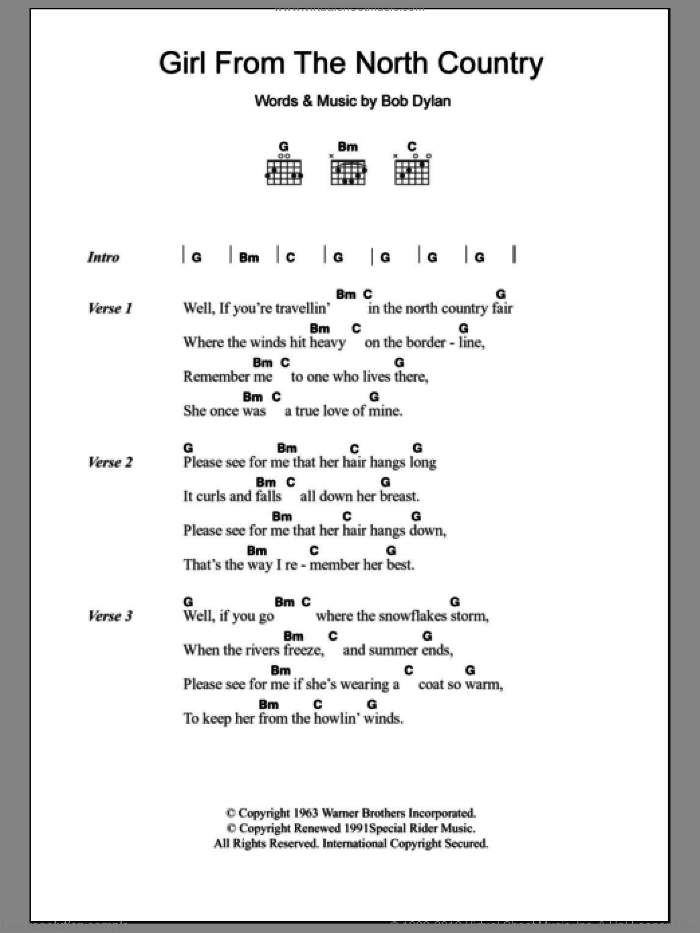 Girl From The North Country sheet music for guitar (chords) by Johnny Cash and Bob Dylan, intermediate skill level