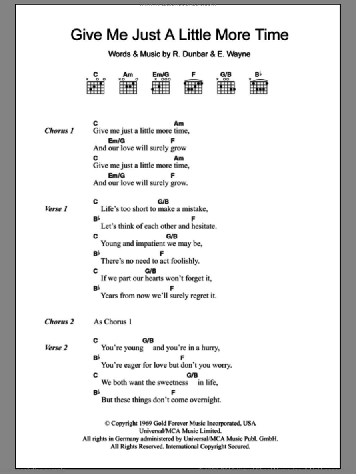 Give Me Just A Little More Time sheet music for guitar (chords) by Chairmen of the Board, E. Wayne and Ronald Dunbar, intermediate skill level