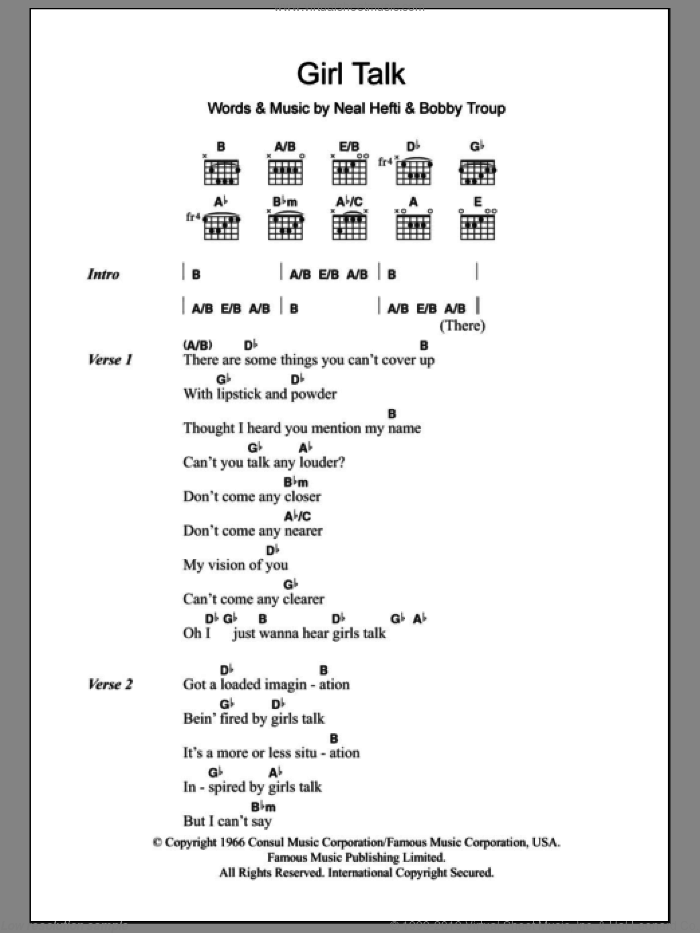 Girl Talk sheet music for guitar (chords) by Neal Hefti and Bobby Troup, intermediate skill level