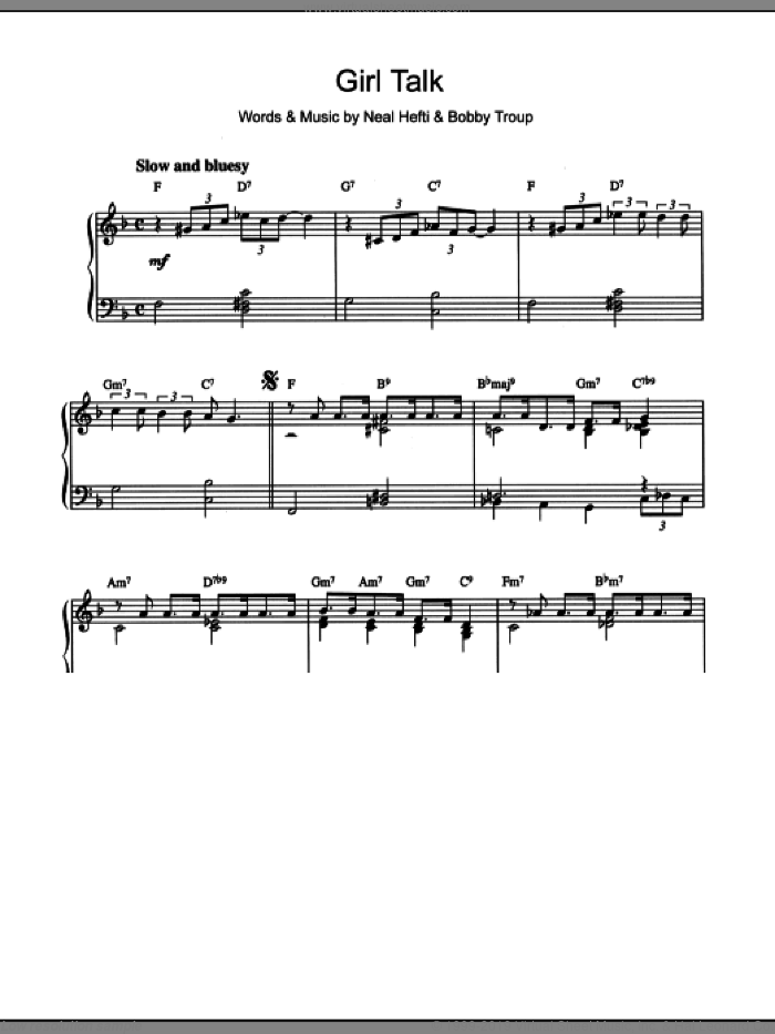 Girl Talk sheet music for piano solo by Neal Hefti and Bobby Troup, intermediate skill level