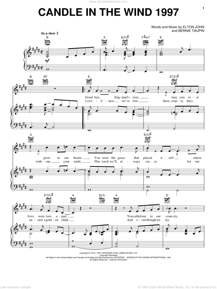 Candle In The Wind 1997 sheet music for voice, piano or guitar by Elton John and Bernie Taupin, intermediate skill level
