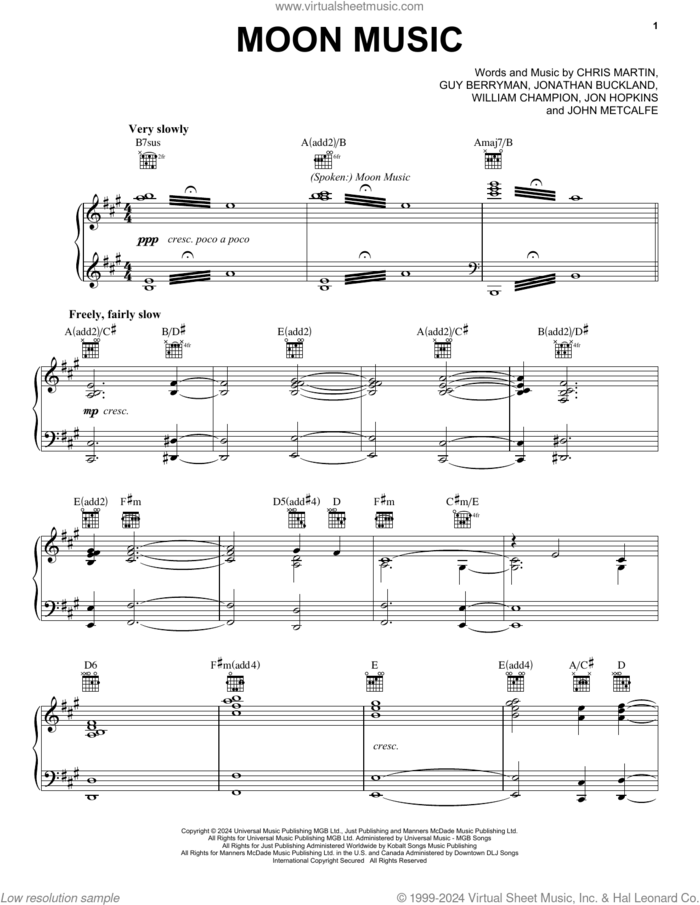 Moon Music (feat. Jon Hopkins) sheet music for voice, piano or guitar by Coldplay, Chris Martin, Guy Berryman, John Metcalfe, Jon Buckland, Jon Hopkins and Will Champion, intermediate skill level