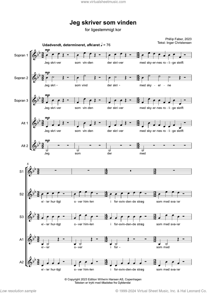 Jeg Skriver Som Vinden sheet music for choir by Phillip Faber and Inger Christensen, classical score, intermediate skill level