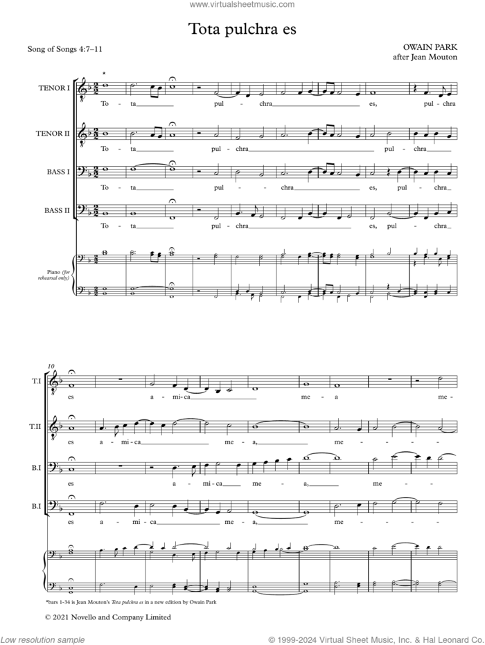 Tota pulchra es (after Jean Mouton) sheet music for choir by Owain Park and Song of Songs, classical score, intermediate skill level