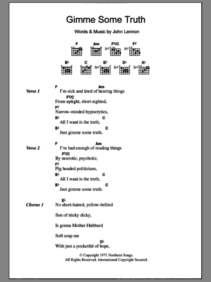 Gimme Some Truth sheet music for guitar (chords) by John Lennon, intermediate skill level
