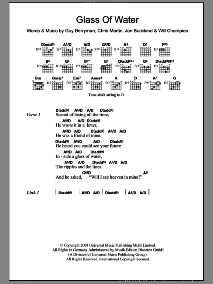 Glass Of Water sheet music for guitar (chords) by Coldplay, Chris Martin, Guy Berryman, Jon Buckland and Will Champion, intermediate skill level