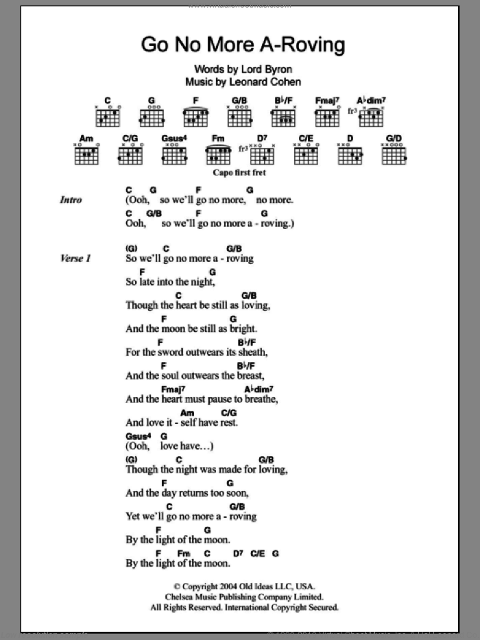 Go No More A-Roving sheet music for guitar (chords) by Leonard Cohen and Lord Byron, intermediate skill level