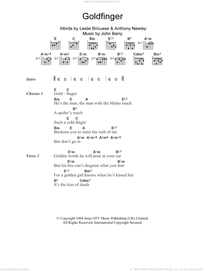 Goldfinger sheet music for guitar (chords) by Shirley Bassey, Anthony Newley, John Barry and Leslie Bricusse, intermediate skill level