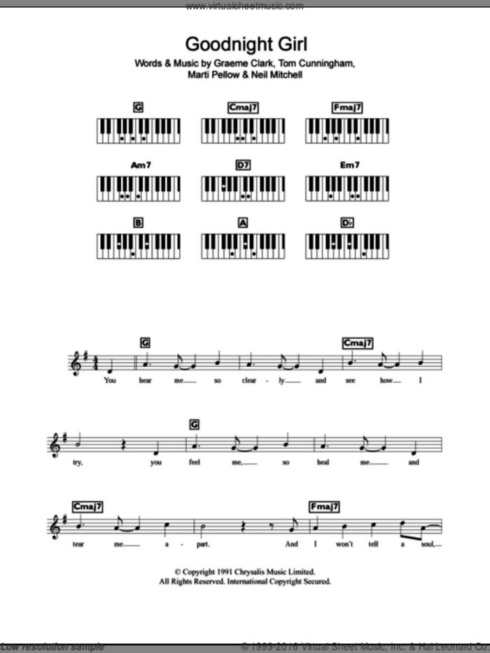 Goodnight Girl sheet music for piano solo (chords, lyrics, melody) by Wet Wet Wet, Graeme Clark, Marti Pellow, Neil Mitchell and Tom Cunningham, intermediate piano (chords, lyrics, melody)