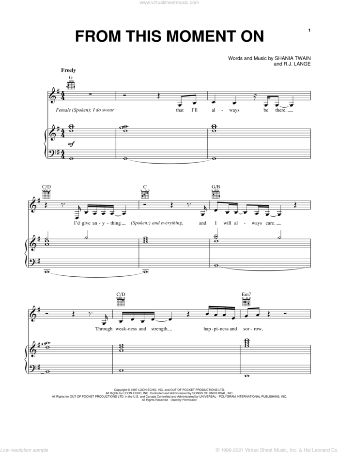 From This Moment On sheet music for voice, piano or guitar by Shania Twain and Robert John Lange, wedding score, intermediate skill level