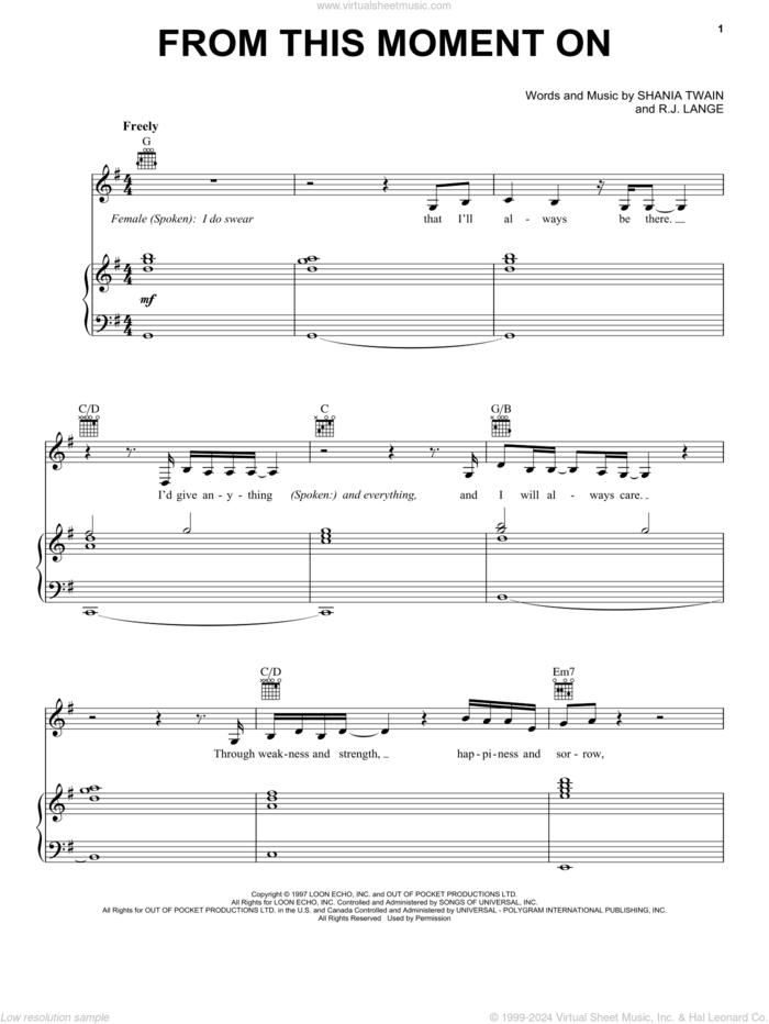 From This Moment On sheet music for voice, piano or guitar by Shania Twain and Robert John Lange, wedding score, intermediate skill level