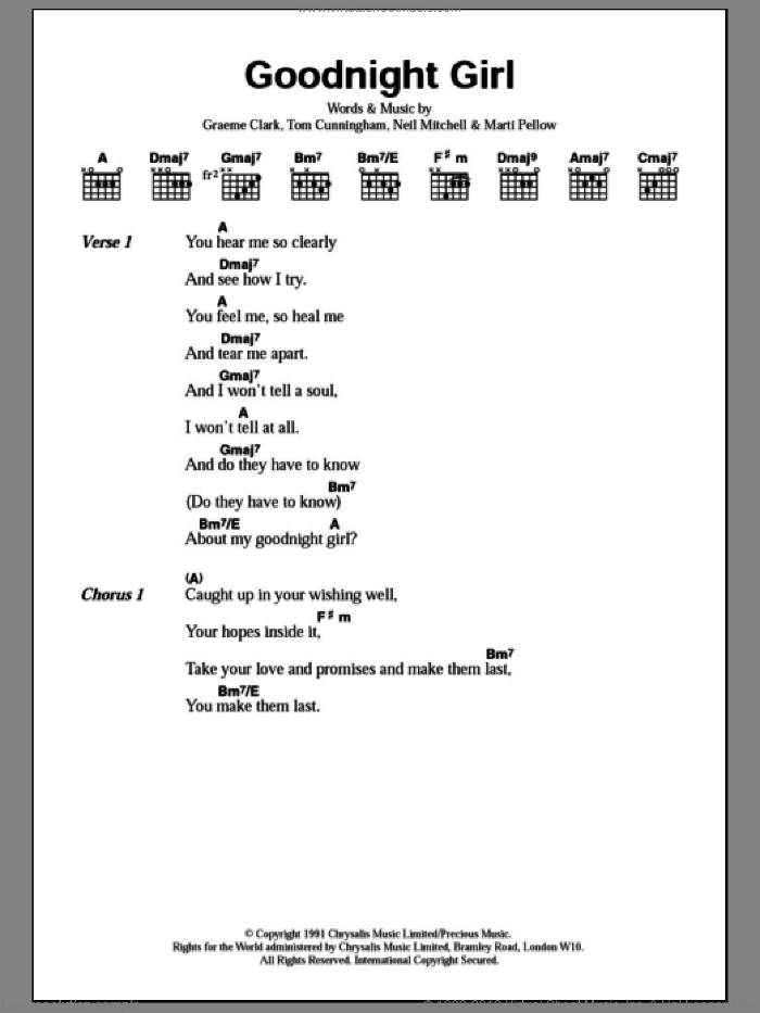 Goodnight Girl sheet music for guitar (chords) by Wet Wet Wet, Graeme Clark, Marti Pellow, Neil Mitchell and Tom Cunningham, intermediate skill level