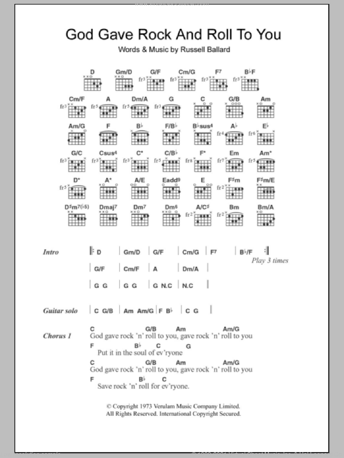 God Gave Rock And Roll To You sheet music for guitar (chords) by Argent and Russ Ballard, intermediate skill level