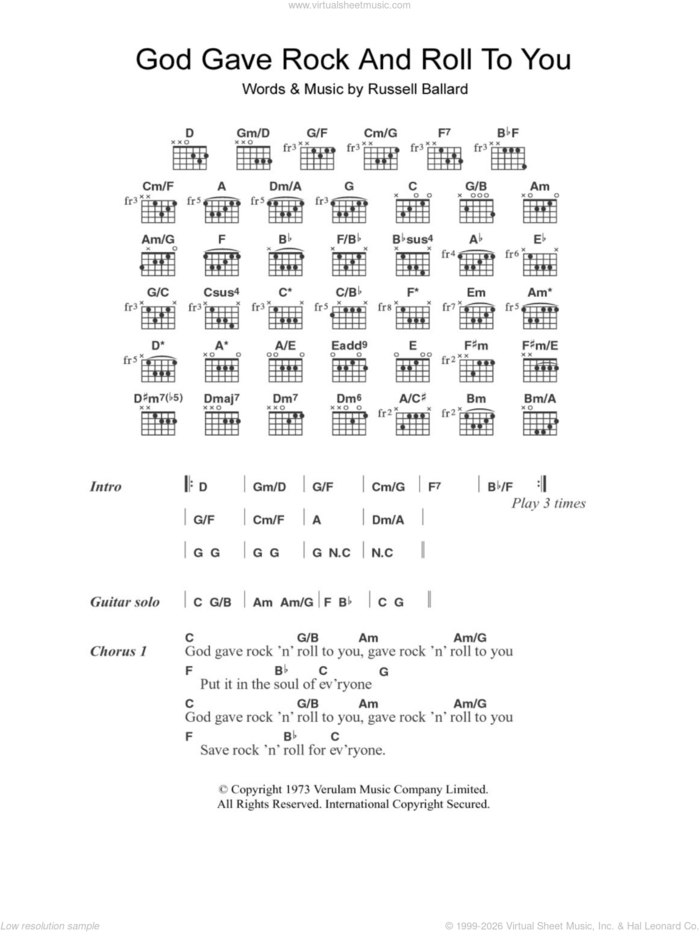 God Gave Rock And Roll To You sheet music for guitar (chords) by Argent and Russ Ballard, intermediate skill level