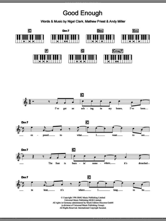 Good Enough sheet music for piano solo (chords, lyrics, melody) by Dodgy, Andy Miller, Mathew Priest and Nigel Clark, intermediate piano (chords, lyrics, melody)