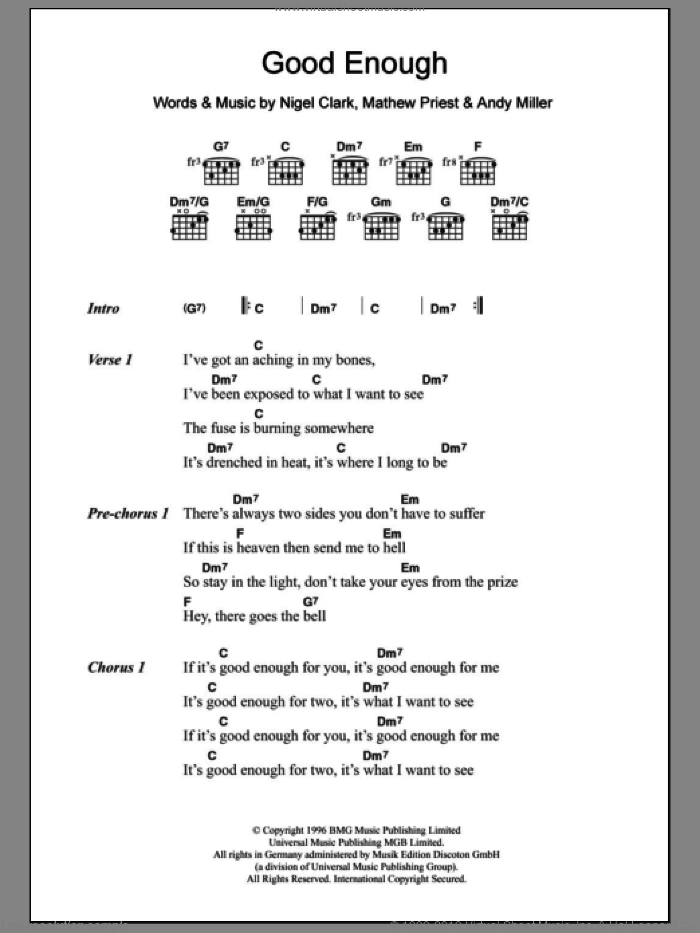 Good Enough sheet music for guitar (chords) by Dodgy, Andy Miller, Mathew Priest and Nigel Clark, intermediate skill level