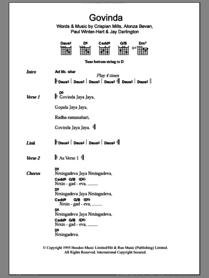 Govinda sheet music for guitar (chords) by Kula Shaker, Alonza Bevan, Crispian Mills, Jay Darlington and Paul Winter-Hart, intermediate skill level