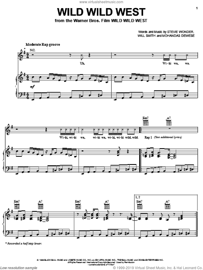 Wild Wild West sheet music for voice, piano or guitar by Will Smith feat. Dru Hill & Kool Moe Dee, Dru Hill, Kool Moe Dee, Mohandas Dewese, Stevie Wonder and Will Smith, intermediate skill level