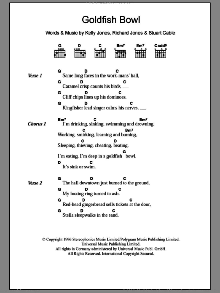 Goldfish Bowl sheet music for guitar (chords) by Stereophonics, Kelly Jones, Richard Jones and Stuart Cable, intermediate skill level