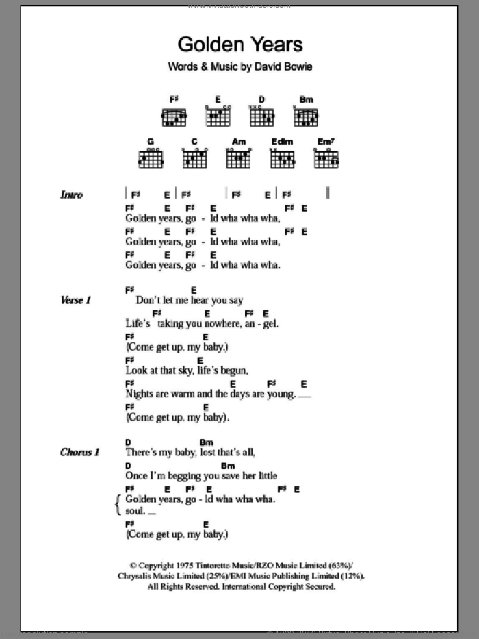 Golden Years sheet music for guitar (chords) by David Bowie, intermediate skill level