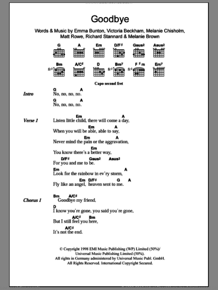 Goodbye sheet music for guitar (chords) by The Spice Girls, Emma Bunton, Matt Rowe, Melanie Brown, Melanie Chisholm, Richard Stannard and Victoria Beckham, intermediate skill level