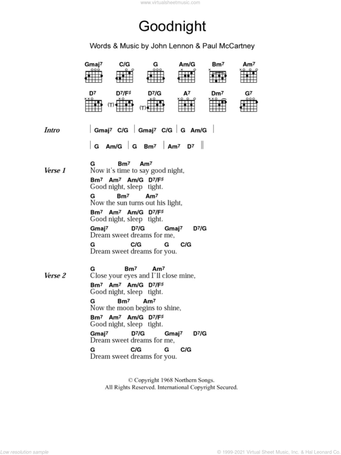 Goodnight sheet music for guitar (chords) by The Beatles, John Lennon and Paul McCartney, intermediate skill level