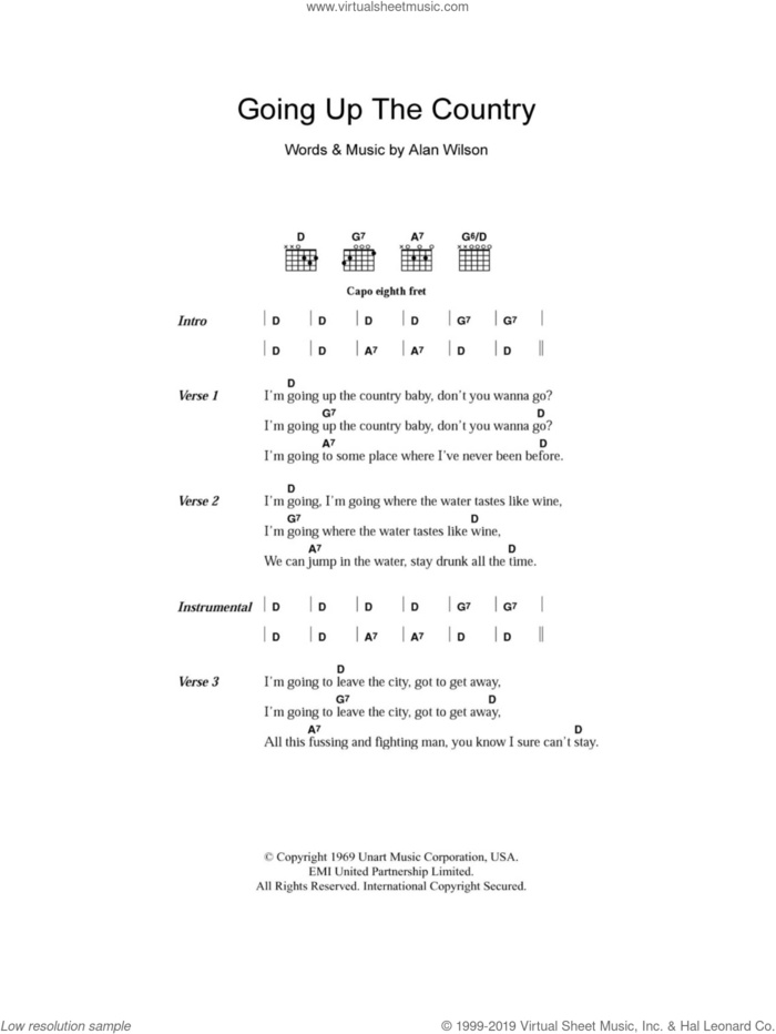 Going Up The Country sheet music for guitar (chords) by Canned Heat and Alan Wilson, intermediate skill level