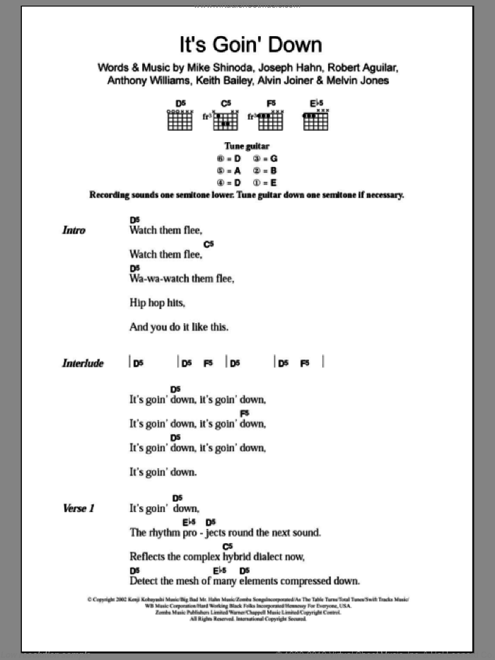 It's Goin' Down sheet music for guitar (chords) by X-Ecutioners, Alvin Joiner, Anthony Williams, Joseph Hahn, Keith Bailey, Melvin Jones, Mike Shinoda and Robert Aguilar, intermediate skill level