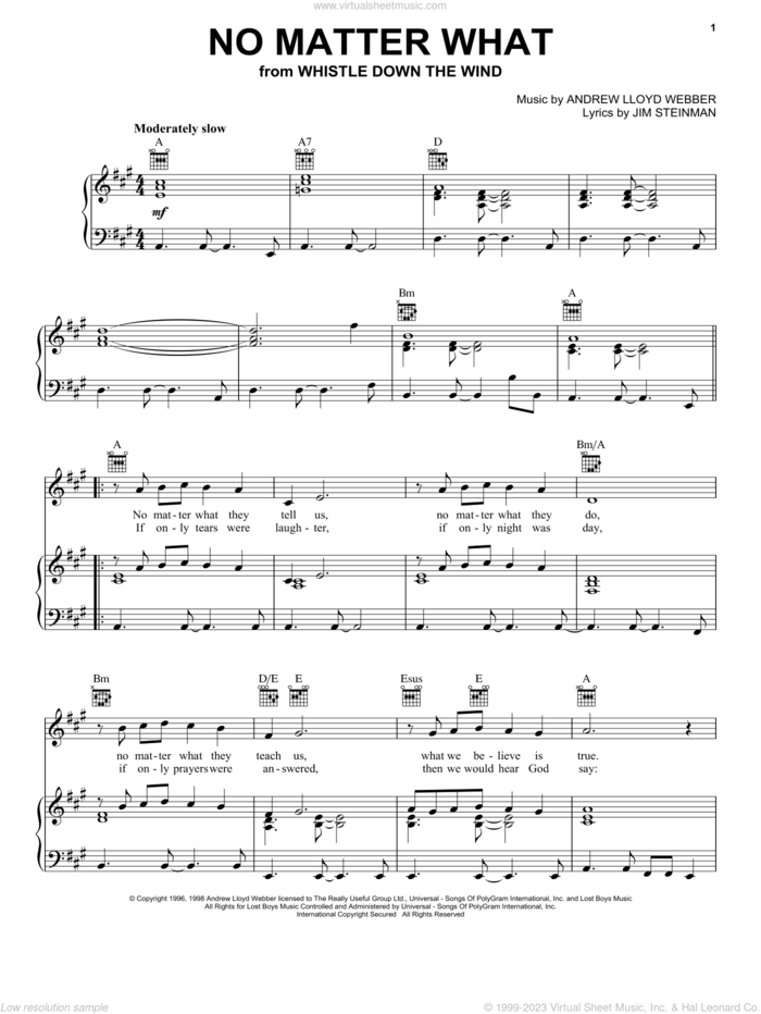 No Matter What (from Whistle Down the Wind) sheet music for voice, piano or guitar by Andrew Lloyd Webber, Boyzone, Whistle Down The Wind (Musical) and Jim Steinman, intermediate skill level